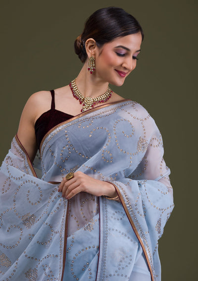 Sky Blue Stonework Tissue Saree-Koskii