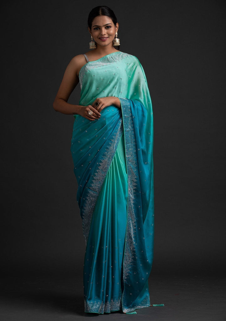 Sky Blue Silk Foliage Print Work Trendy Designer Saree