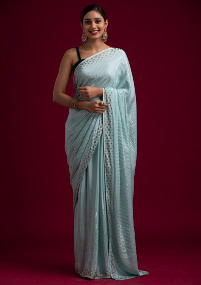 Sky Blue Swarovski Semi Crepe Designer Saree - koskii