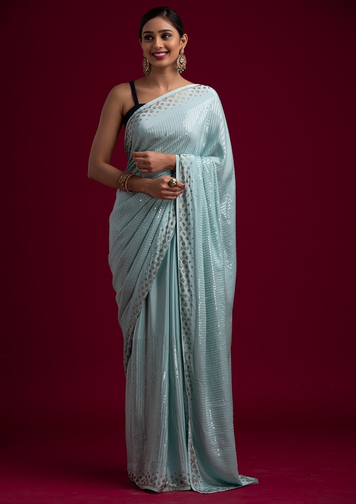 Sky Blue Swarovski Semi Crepe Designer Saree - koskii