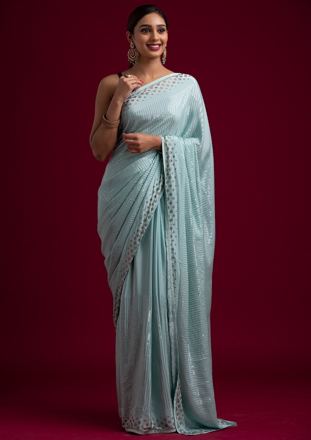 Sky Blue Swarovski Semi Crepe Designer Saree - koskii