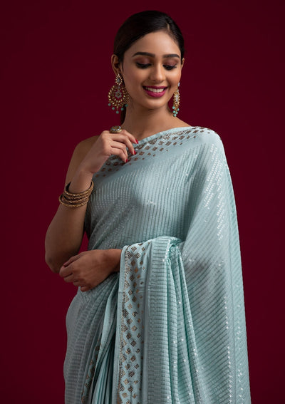 Sky Blue Swarovski Semi Crepe Designer Saree - koskii