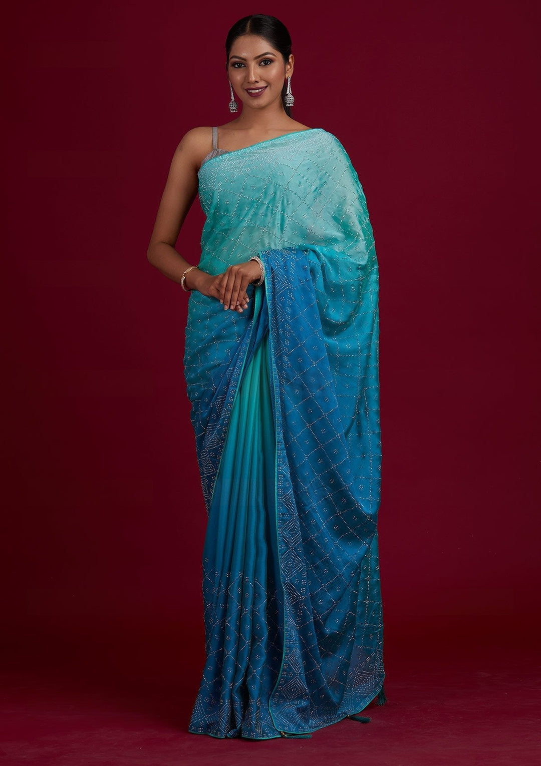 Sky Blue Swarovski Semi Crepe Designer Saree - Koskii