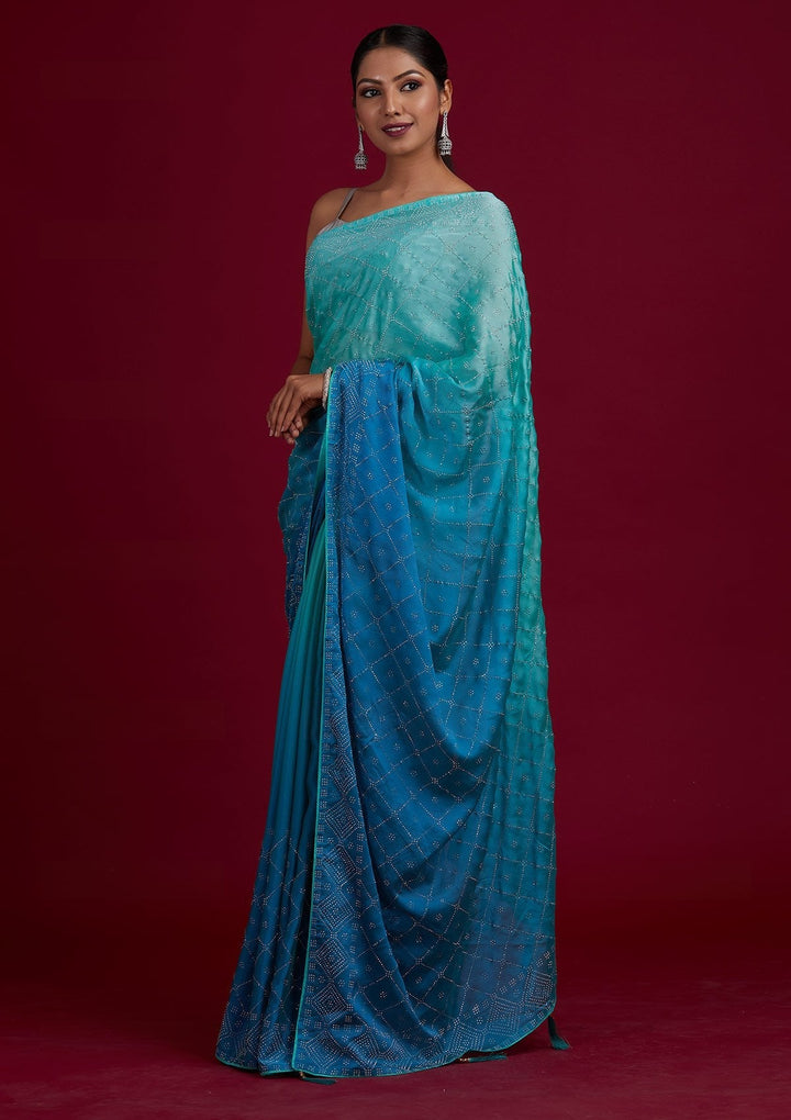 Sky Blue Swarovski Semi Crepe Designer Saree - Koskii