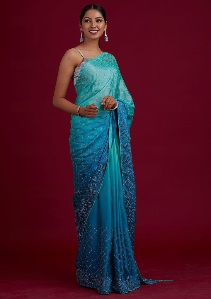 Sky Blue Swarovski Semi Crepe Designer Saree - Koskii