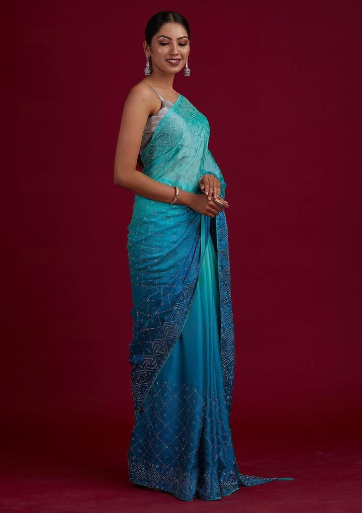 Sky Blue Swarovski Semi Crepe Designer Saree - Koskii