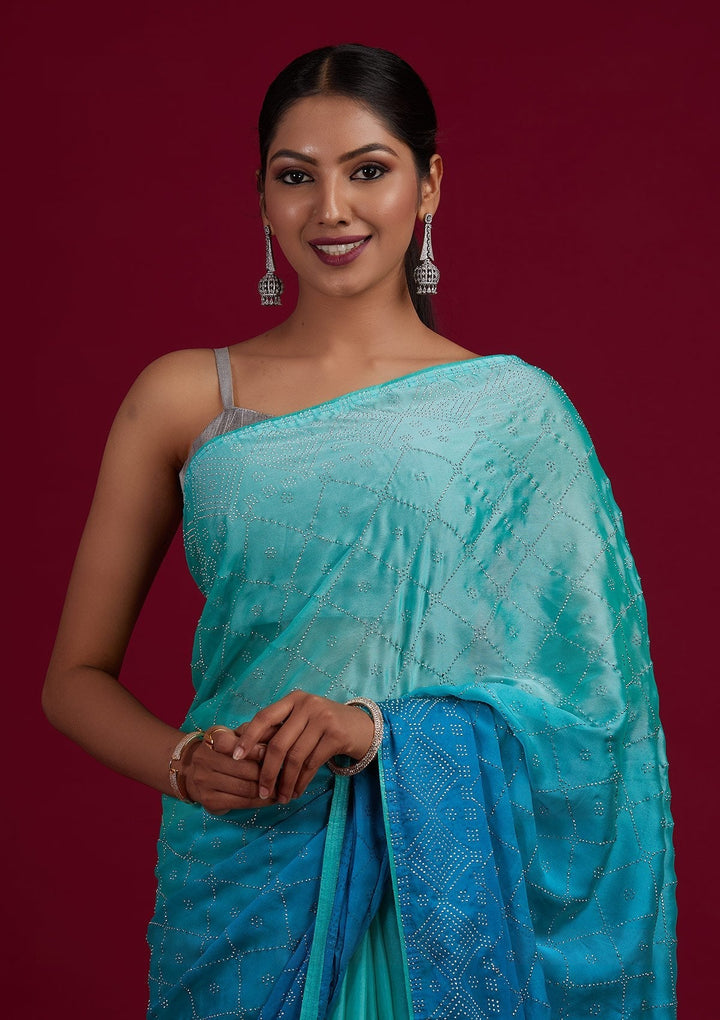 Sky Blue Swarovski Semi Crepe Designer Saree - Koskii
