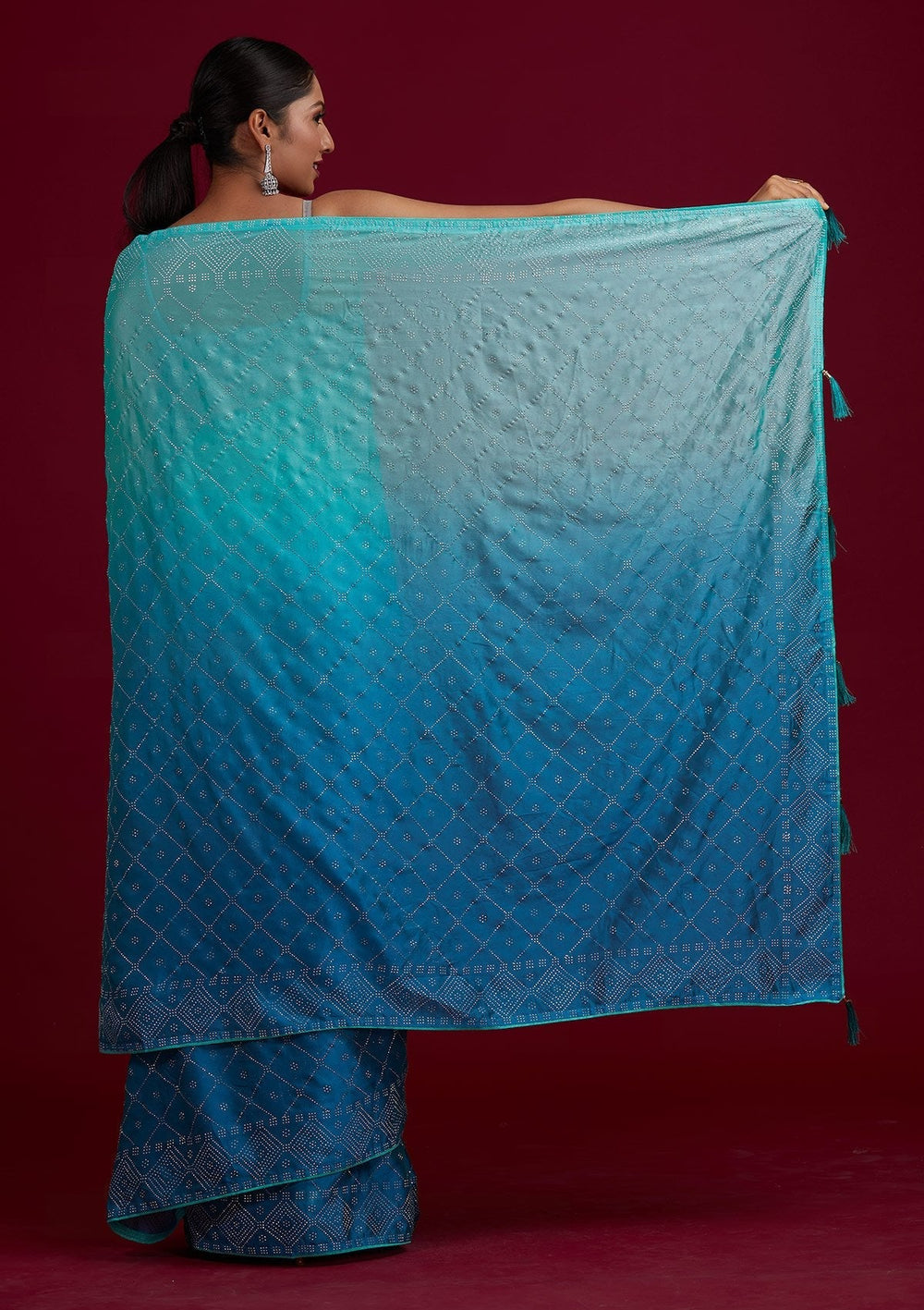 Sky Blue Swarovski Semi Crepe Designer Saree - Koskii