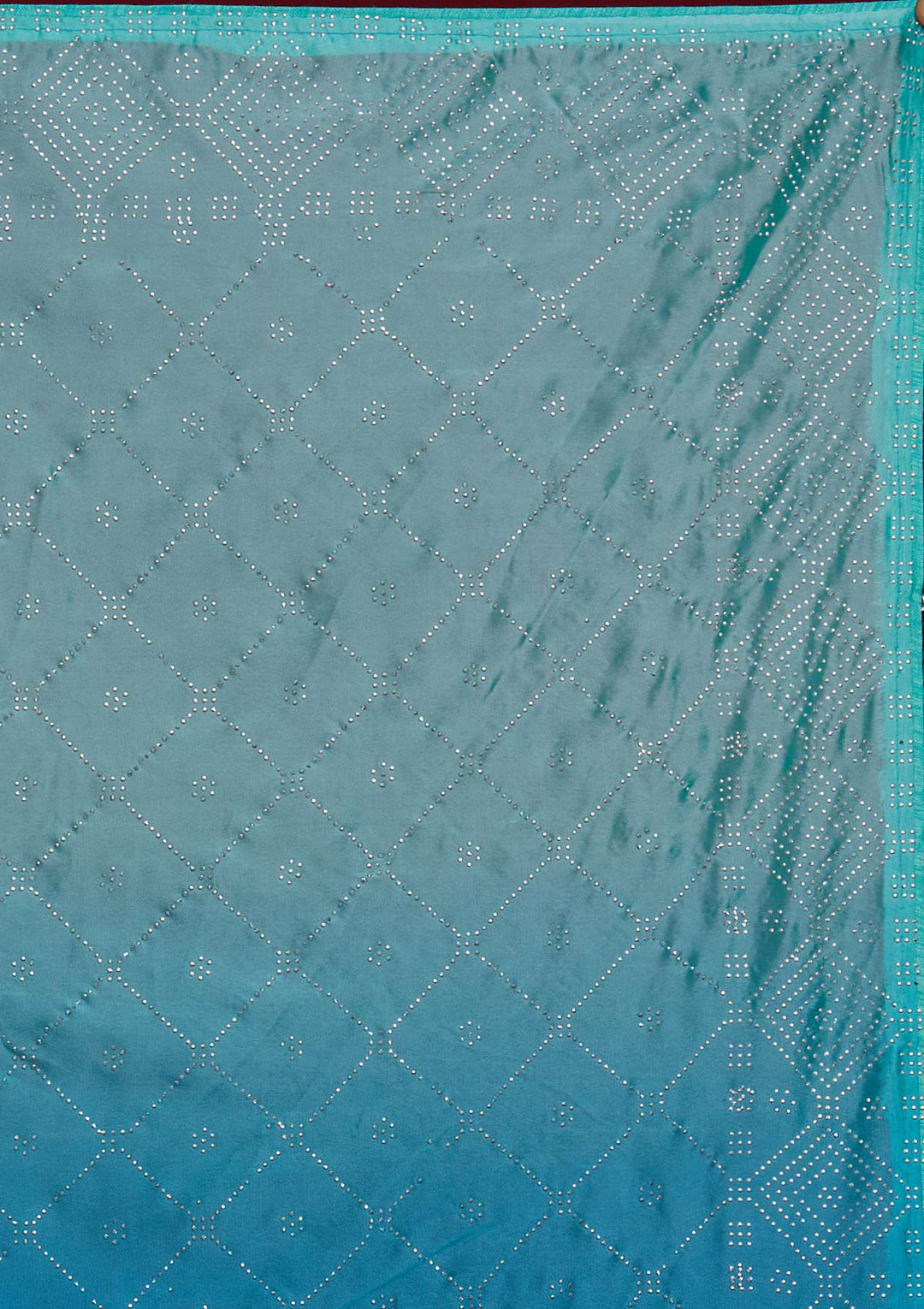 Sky Blue Swarovski Semi Crepe Designer Saree - Koskii
