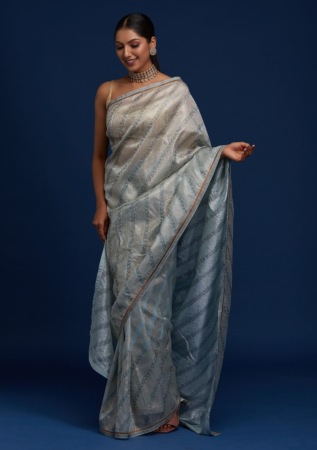 Sky Blue Swarovski Tissue Designer Saree - Koskii