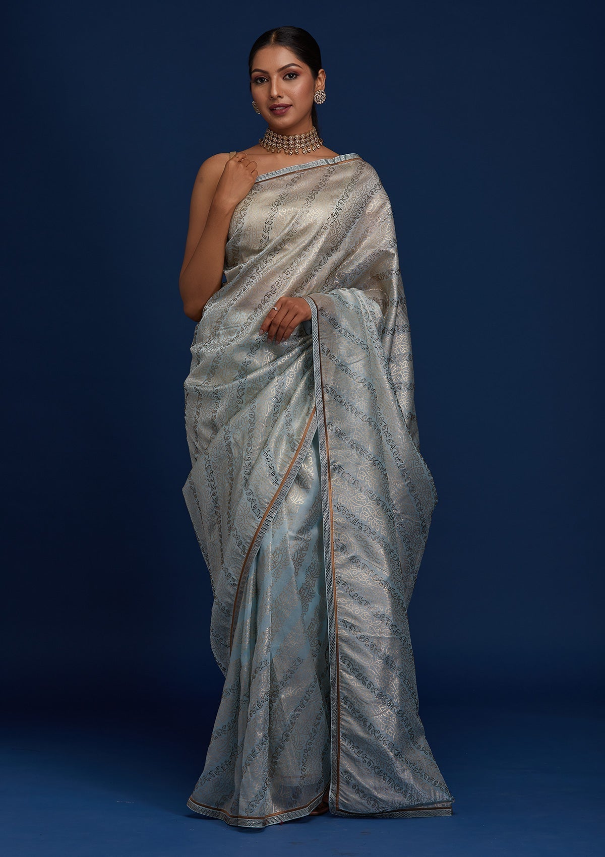 Sky Blue Swarovski Tissue Designer Saree - Koskii