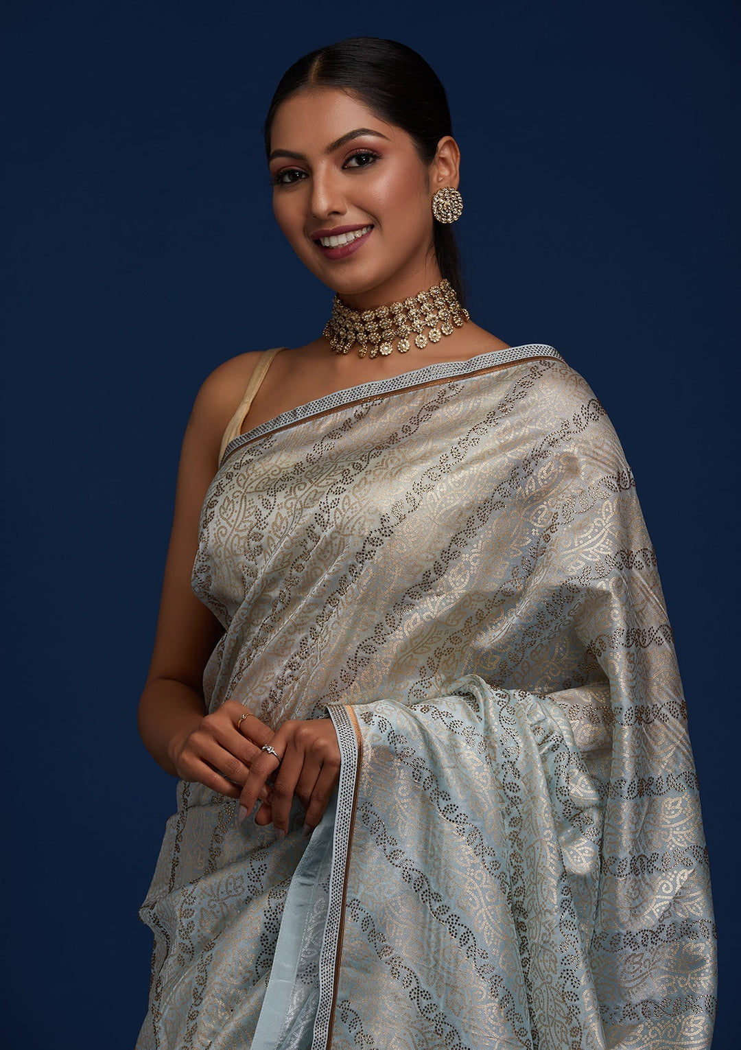 Sky Blue Swarovski Tissue Designer Saree - Koskii