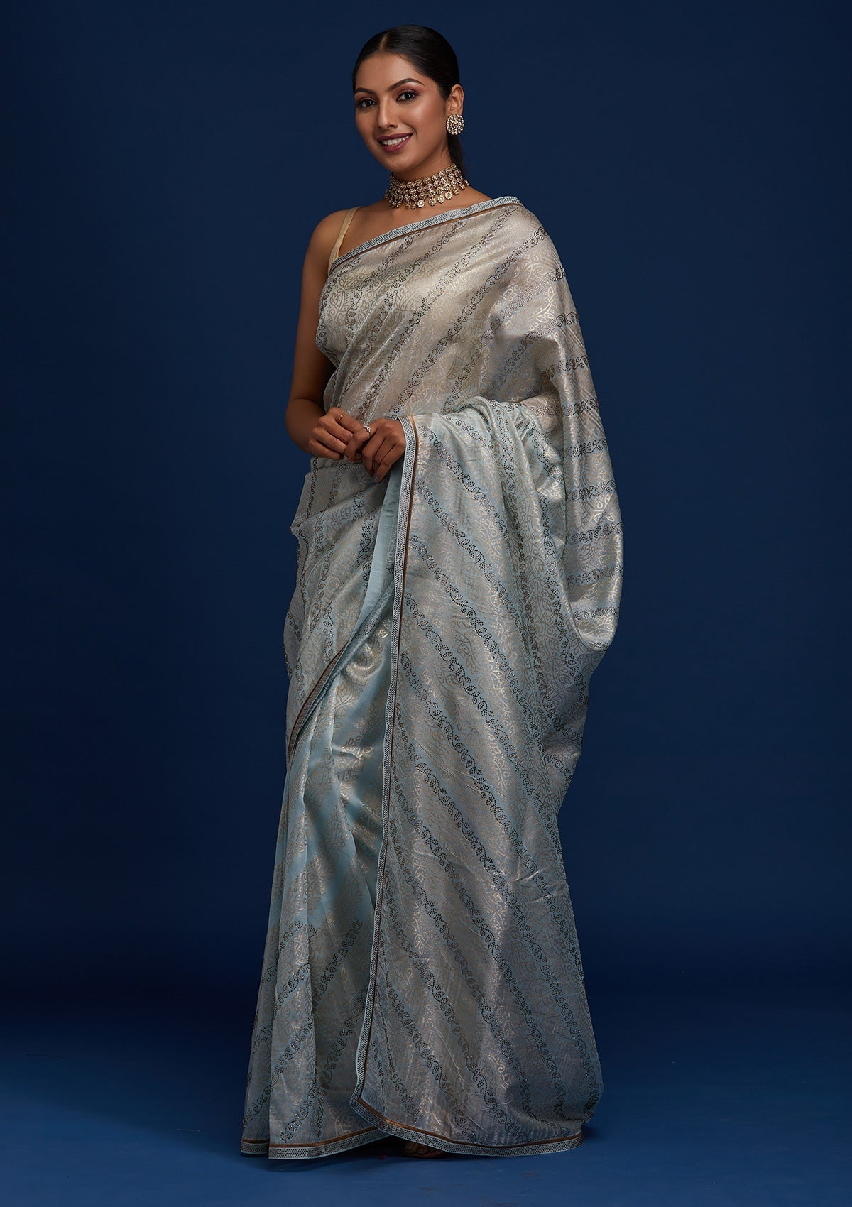 Sky Blue Swarovski Tissue Designer Saree - Koskii