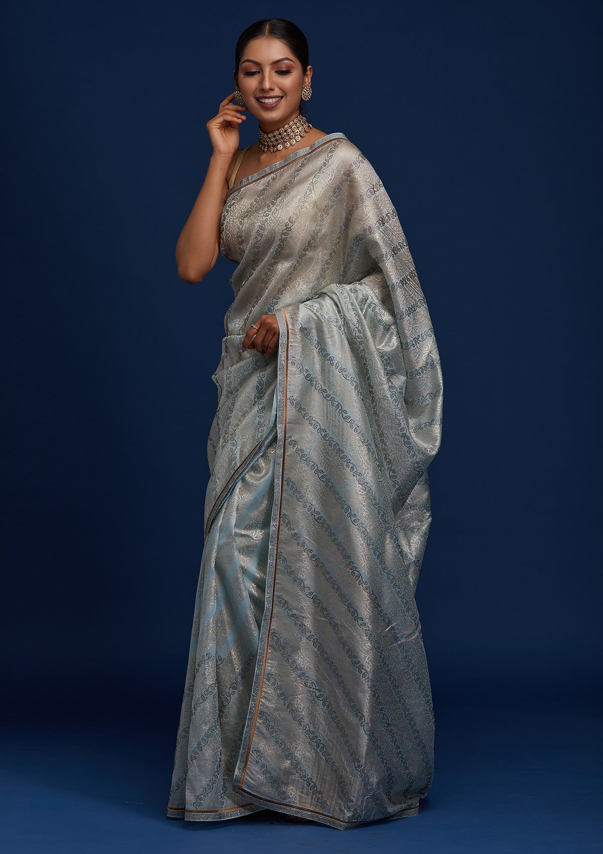 Sky Blue Swarovski Tissue Designer Saree - Koskii