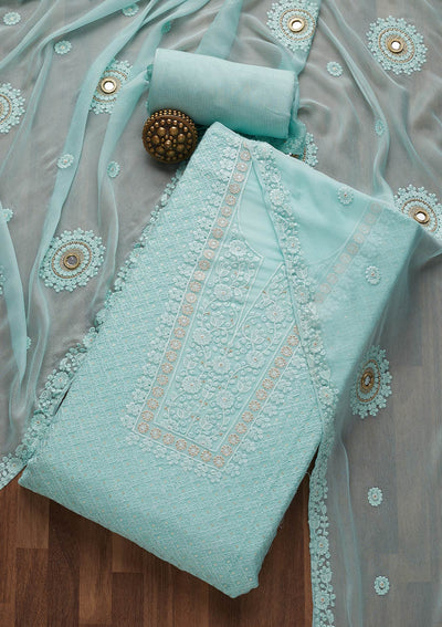 Sky Blue Threadwork Chiffon Unstitched Salwar Suit-Koskii