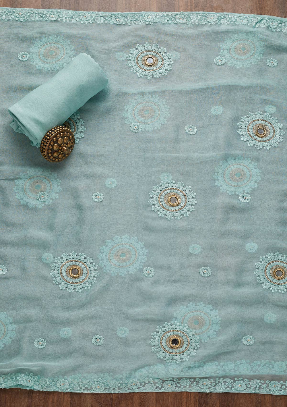 Sky Blue Threadwork Chiffon Unstitched Salwar Suit-Koskii