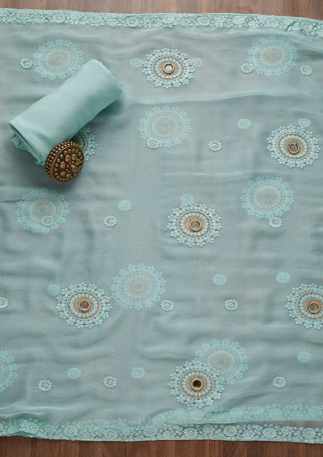 Sky Blue Threadwork Chiffon Unstitched Salwar Suit-Koskii