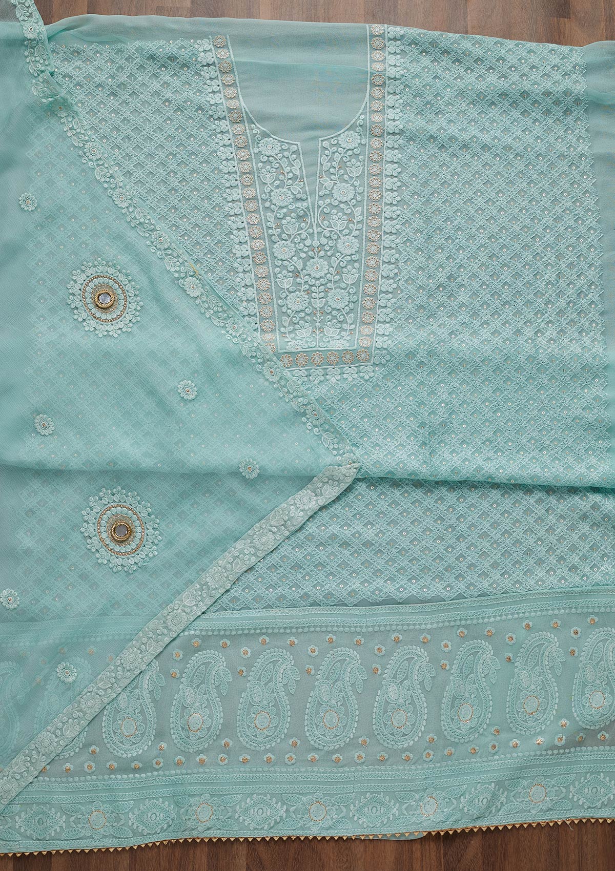 Sky Blue Threadwork Chiffon Unstitched Salwar Suit-Koskii