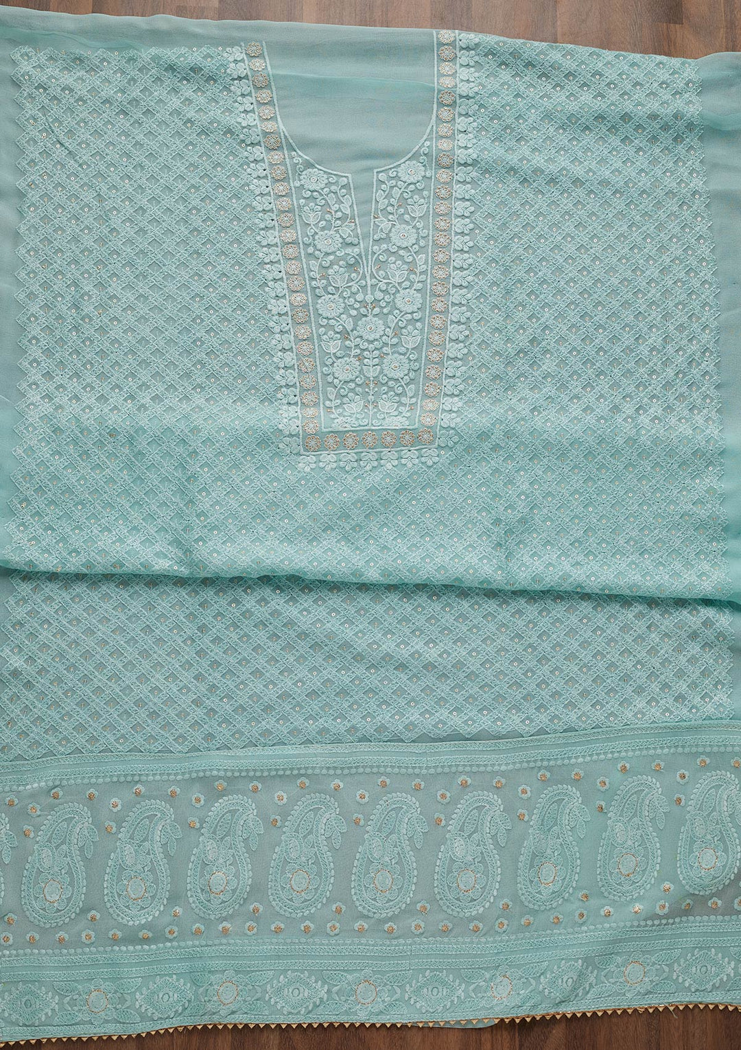 Sky Blue Threadwork Chiffon Unstitched Salwar Suit-Koskii