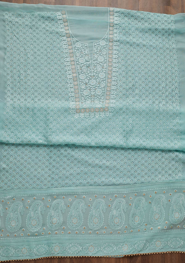 Sky Blue Threadwork Chiffon Unstitched Salwar Suit-Koskii