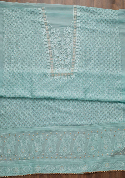Sky Blue Threadwork Chiffon Unstitched Salwar Suit-Koskii