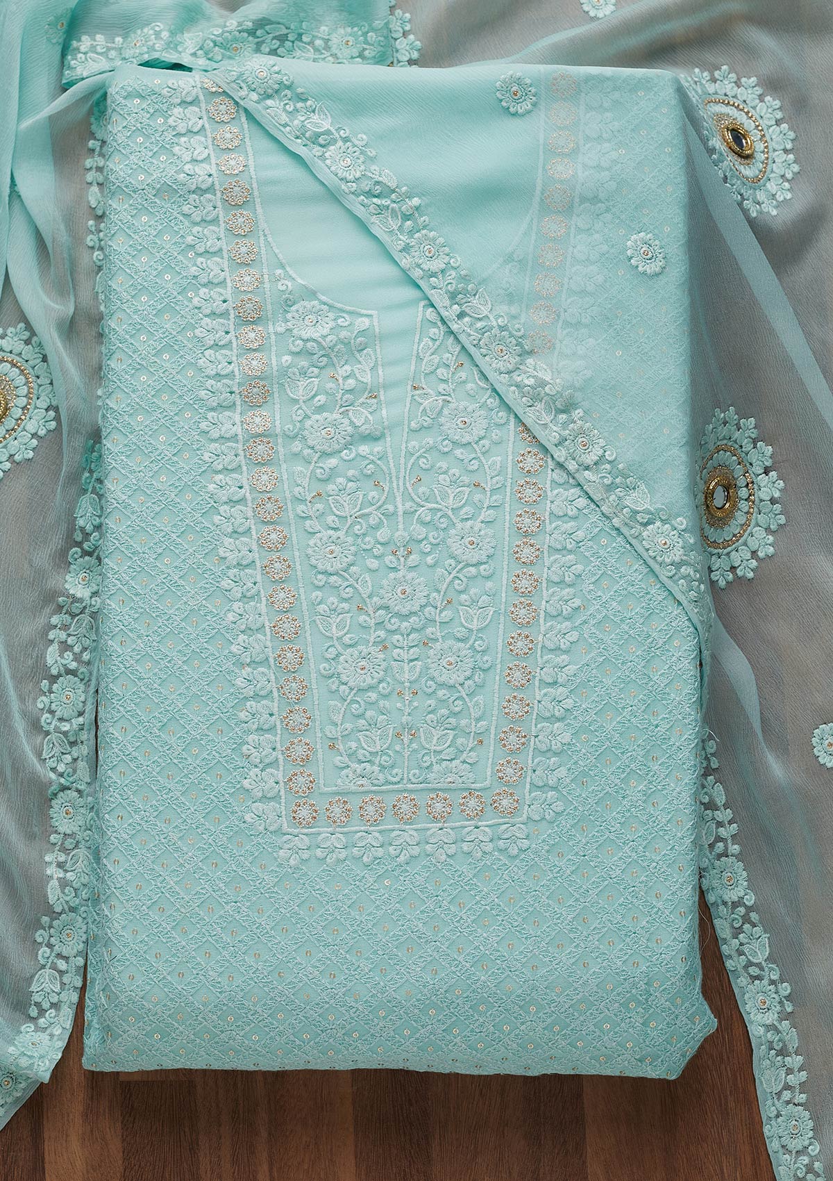 Sky Blue Threadwork Chiffon Unstitched Salwar Suit-Koskii