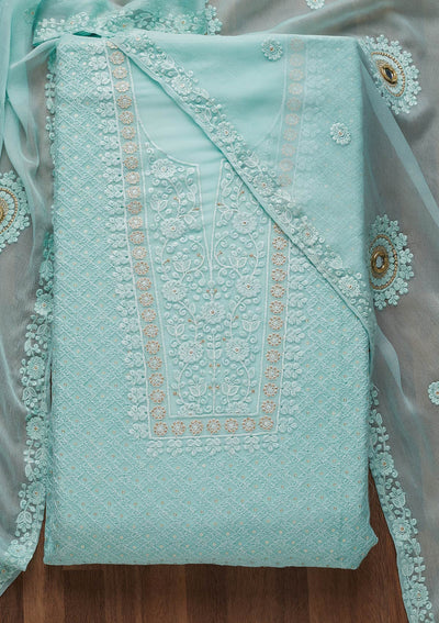 Sky Blue Threadwork Chiffon Unstitched Salwar Suit-Koskii