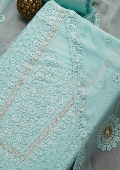 Sky Blue Threadwork Chiffon Unstitched Salwar Suit-Koskii