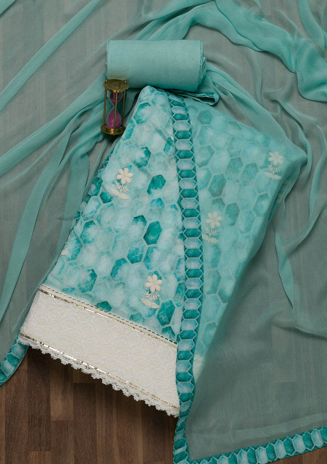 Sky Blue Threadwork Chiffon Unstitched Salwar Suit-Koskii