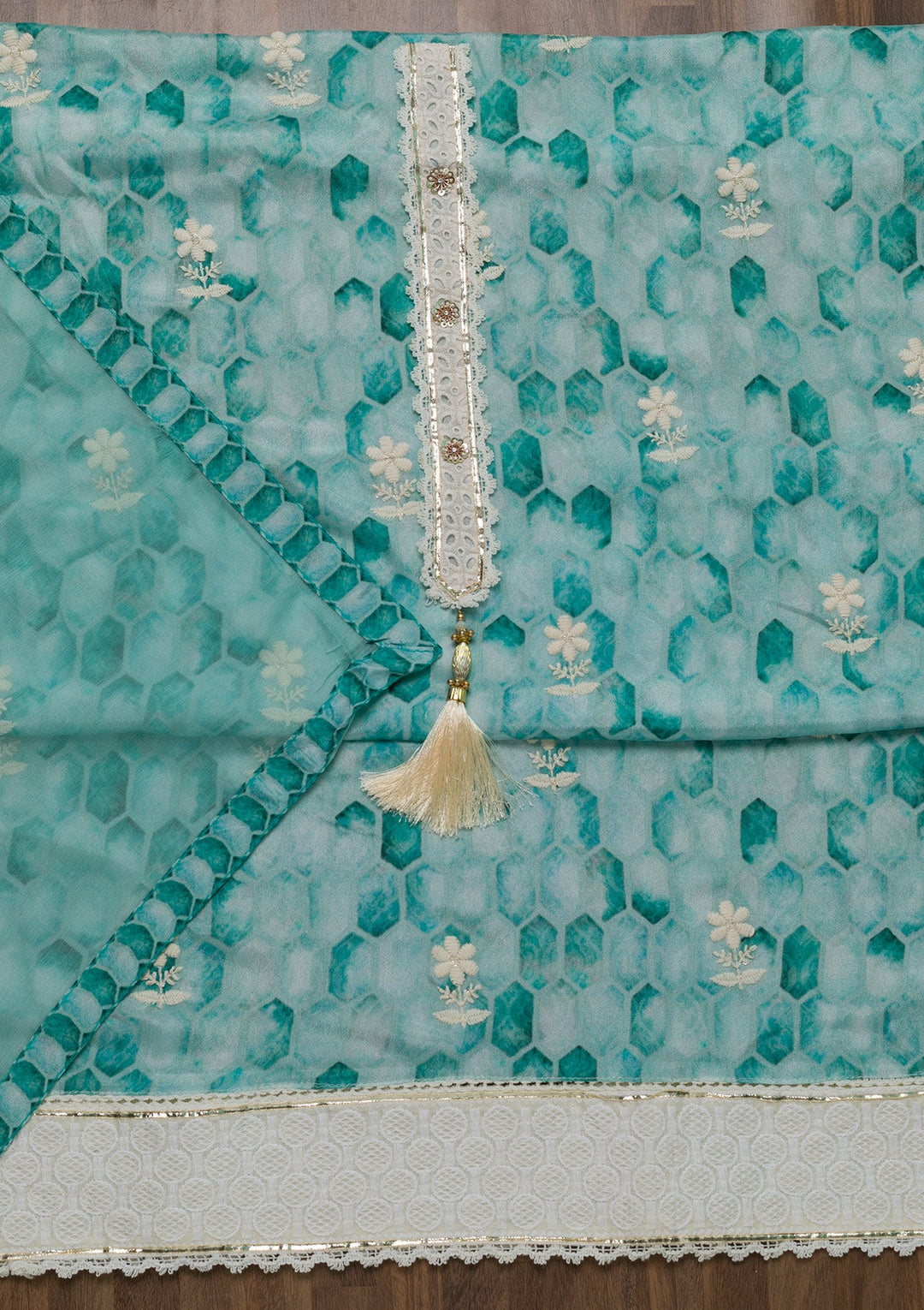 Sky Blue Threadwork Chiffon Unstitched Salwar Suit-Koskii