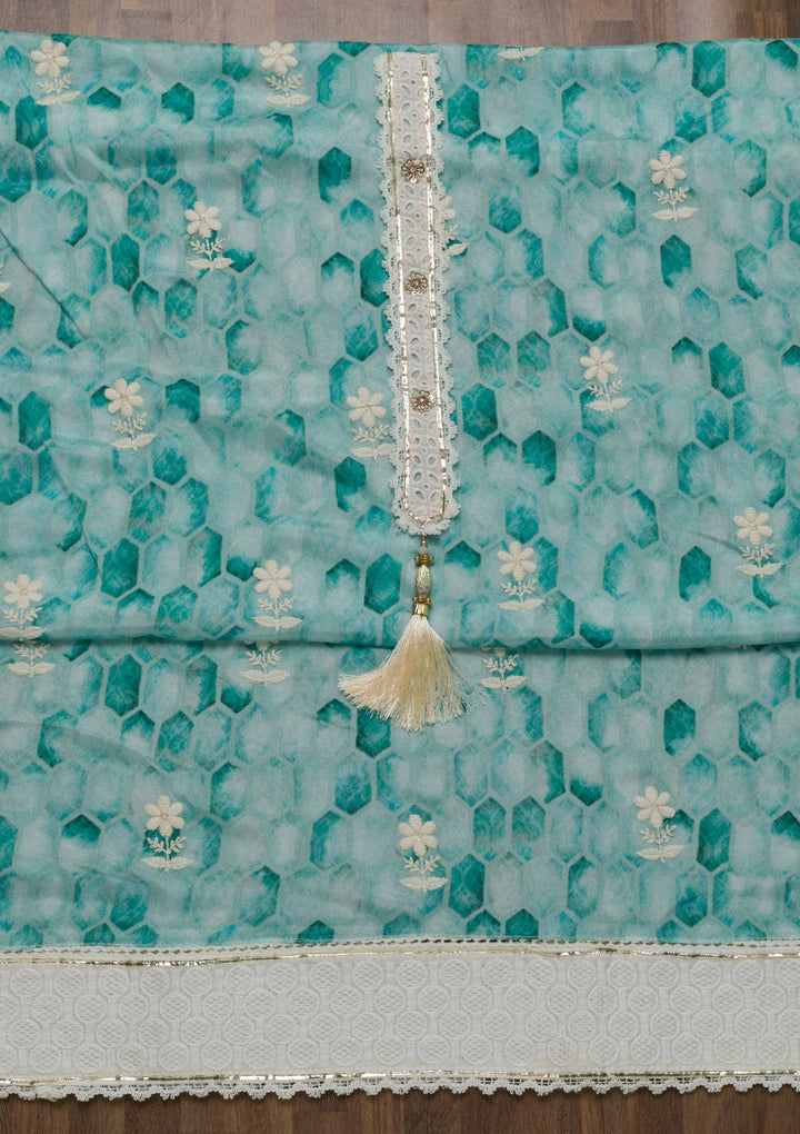 Sky Blue Threadwork Chiffon Unstitched Salwar Suit-Koskii