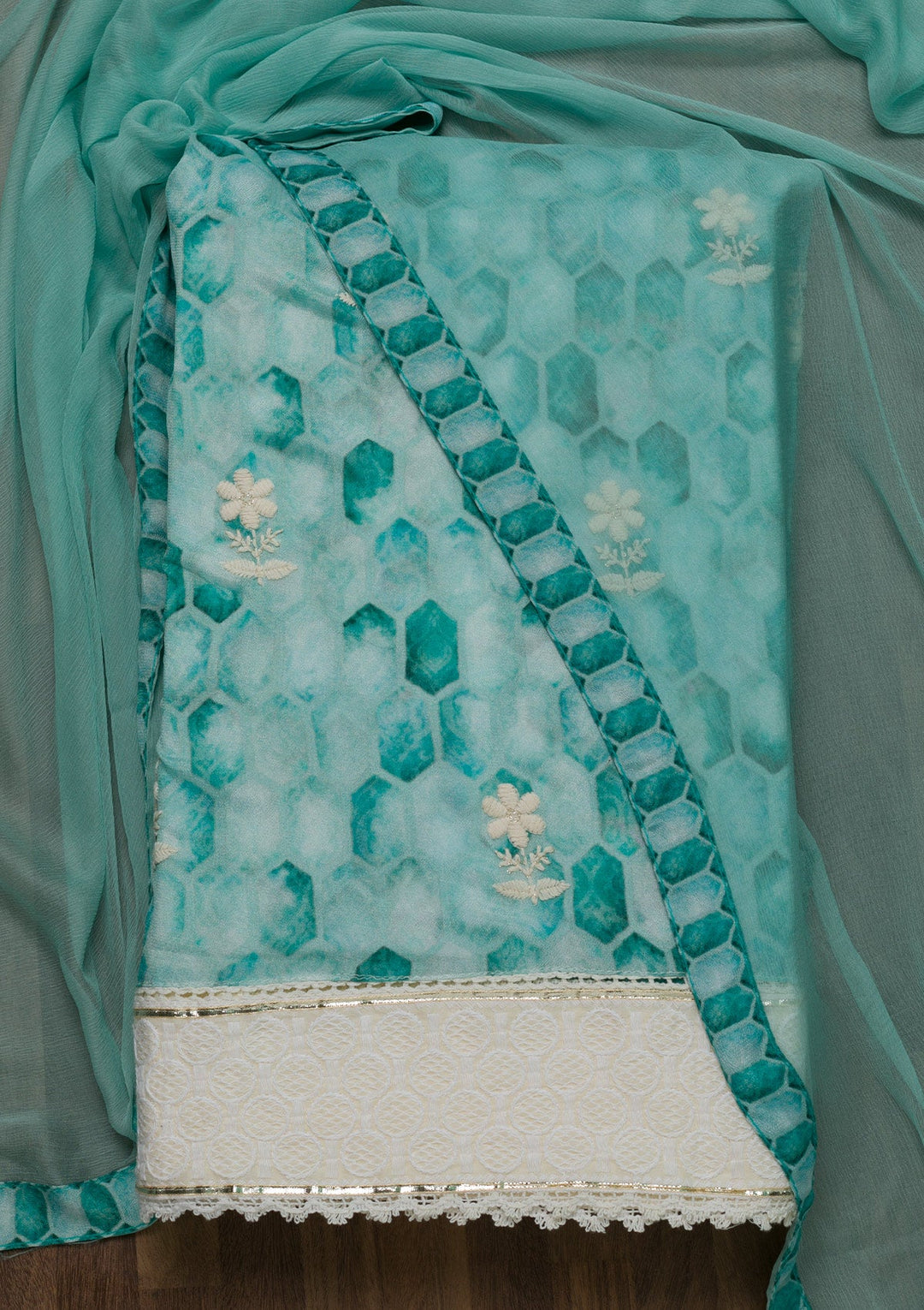 Sky Blue Threadwork Chiffon Unstitched Salwar Suit-Koskii