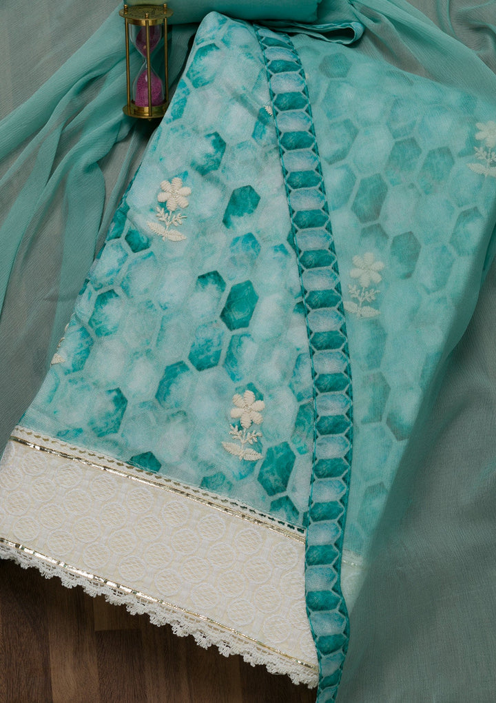Sky Blue Threadwork Chiffon Unstitched Salwar Suit-Koskii