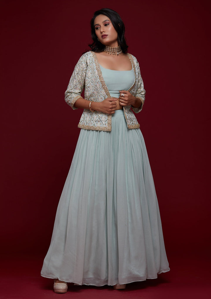 Sky Blue Threadwork Georgette Designer Lehenga - Koskii