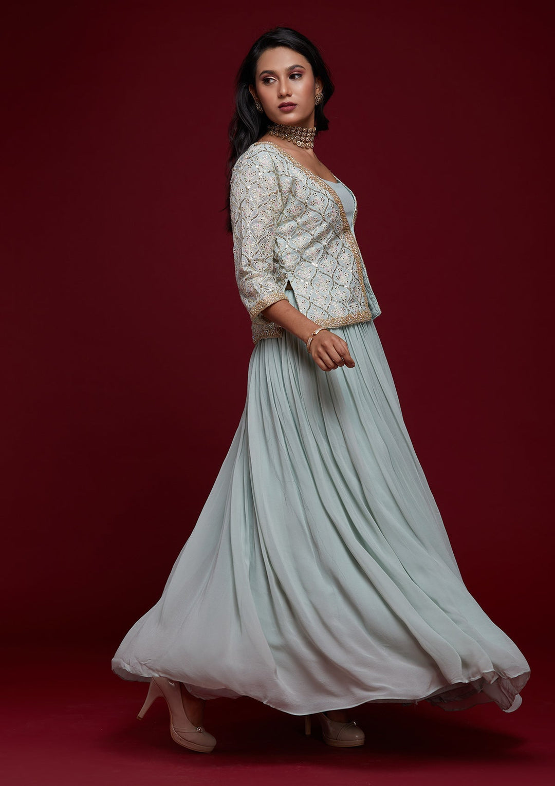 Sky Blue Threadwork Georgette Designer Lehenga - Koskii