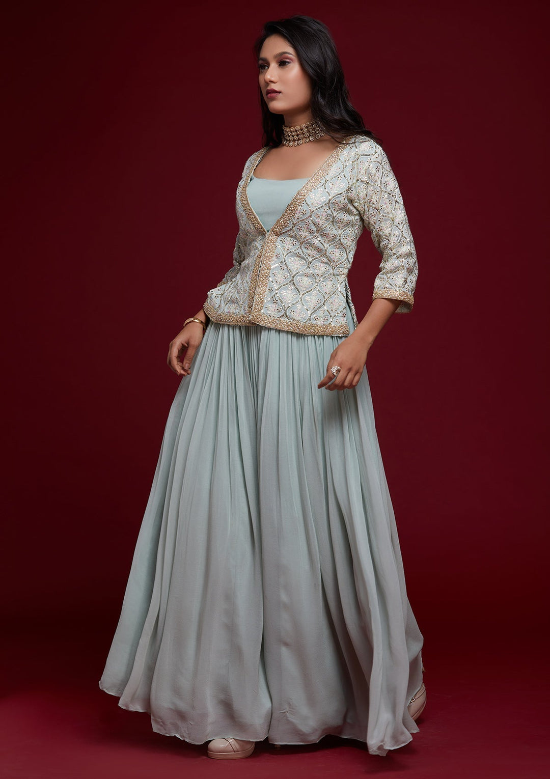 Sky Blue Threadwork Georgette Designer Lehenga - Koskii