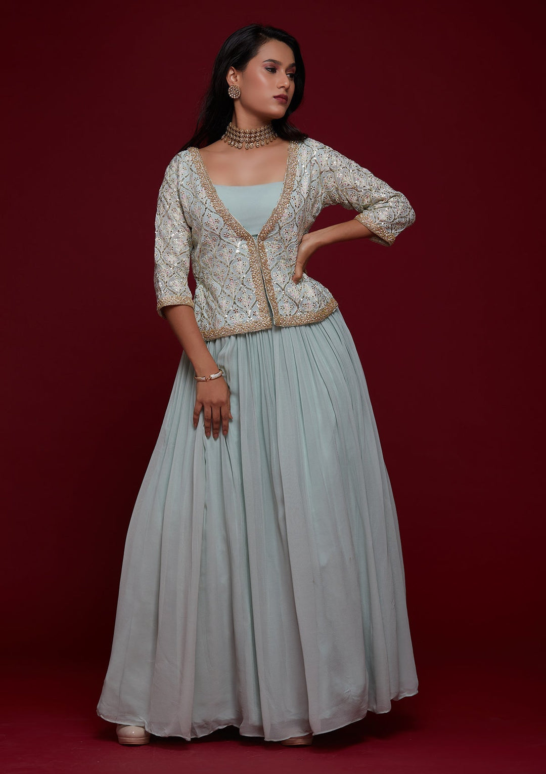 Sky Blue Threadwork Georgette Designer Lehenga - Koskii