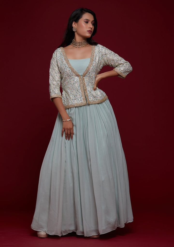 Sky Blue Threadwork Georgette Designer Lehenga - Koskii