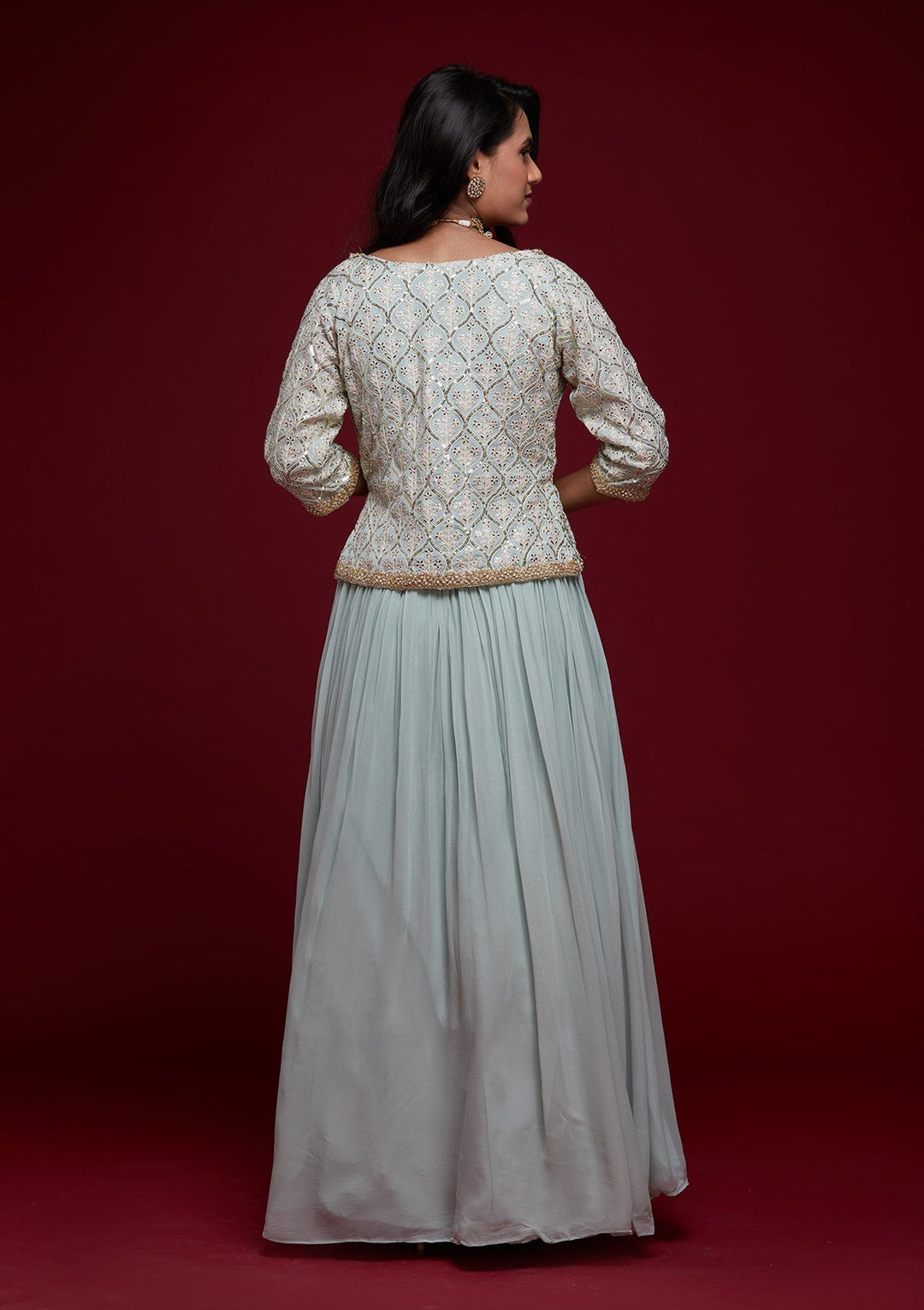 Sky Blue Threadwork Georgette Designer Lehenga - Koskii