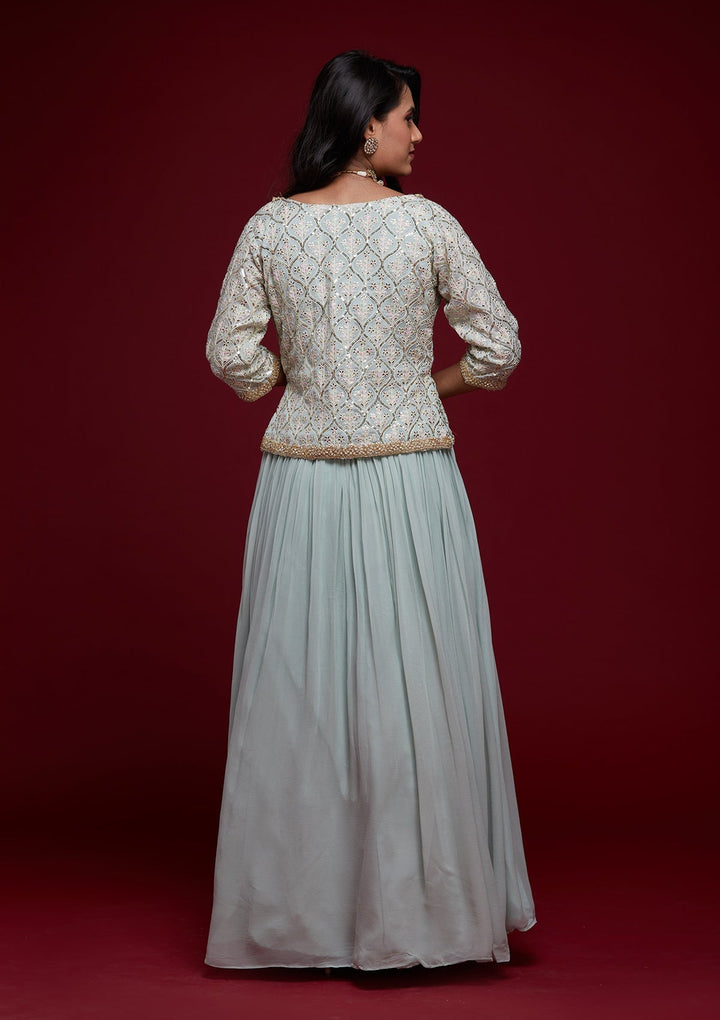 Sky Blue Threadwork Georgette Designer Lehenga - Koskii