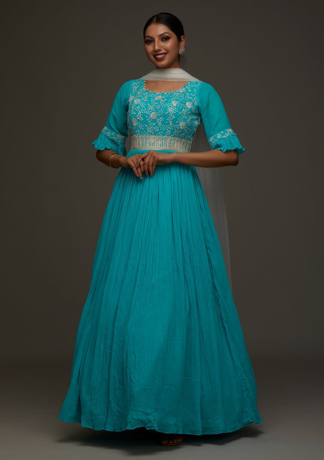 Sky Blue Threadwork Georgette Designer Anarkali Suit- Koskii