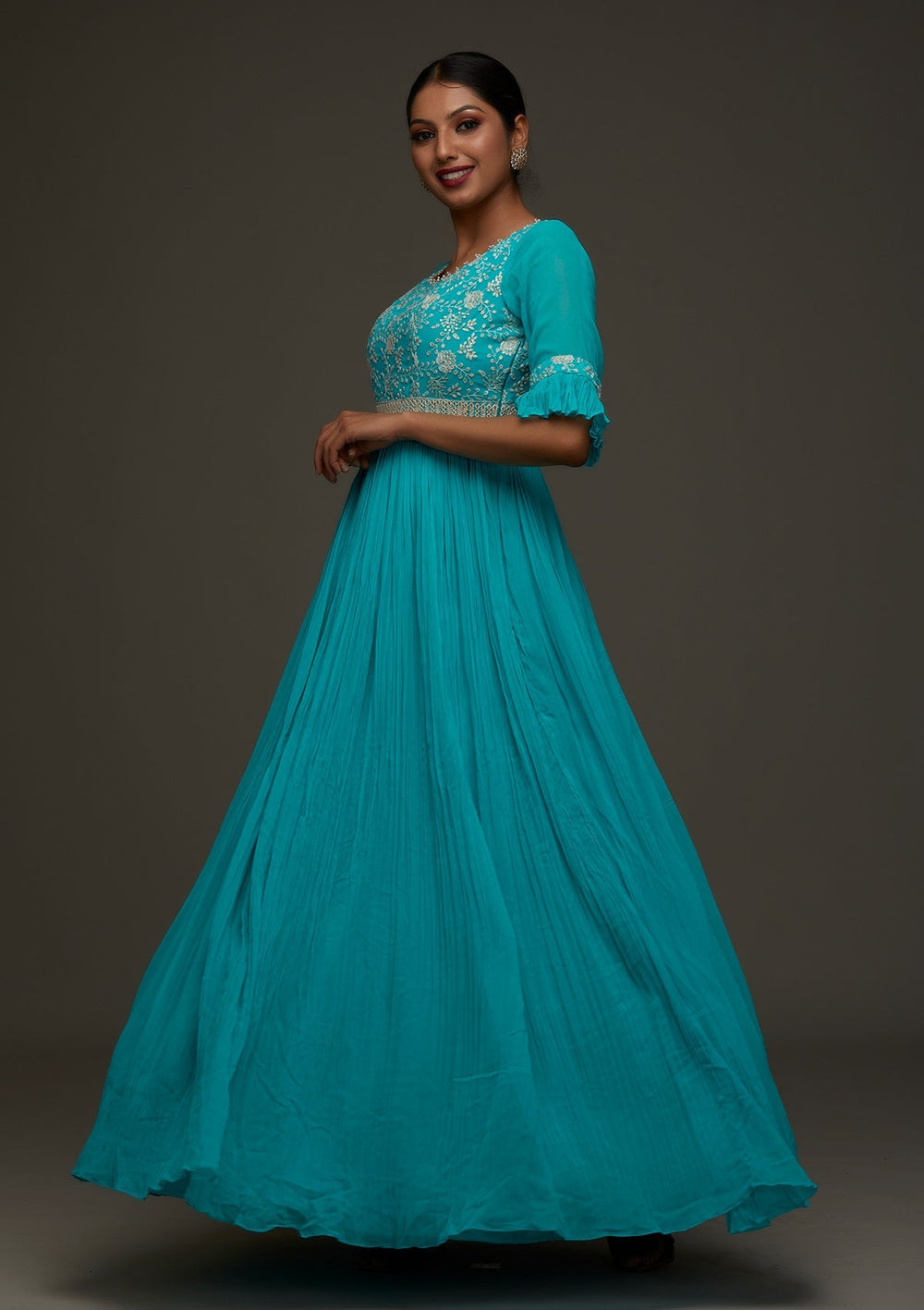 Sky Blue Threadwork Georgette Designer Anarkali Suit - Koskii