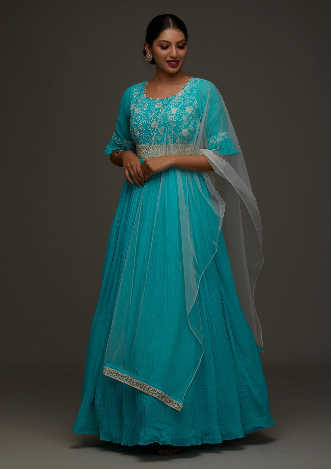 Sky Blue Threadwork Georgette Designer Anarkali Suit - Koskii
