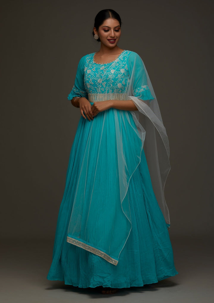 Sky Blue Threadwork Georgette Designer Anarkali Suit - Koskii