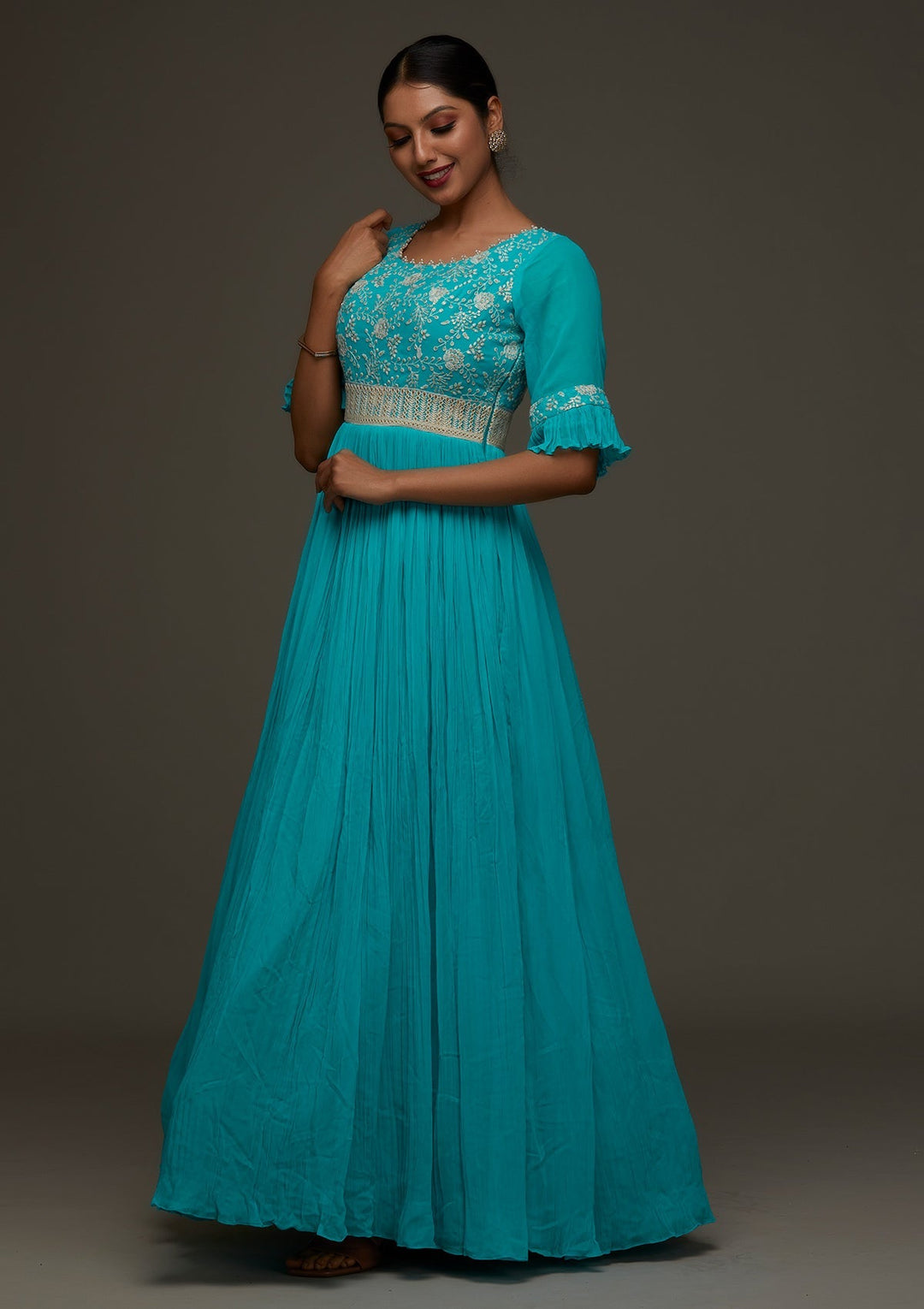 Sky Blue Threadwork Georgette Designer Anarkali Suit - Koskii