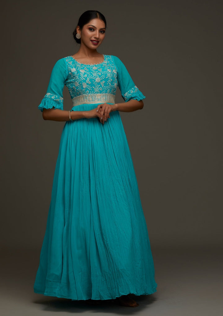 Sky Blue Threadwork Georgette Designer Anarkali Suit - Koskii