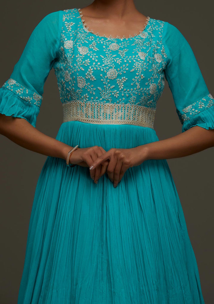 Sky Blue Threadwork Georgette Designer Anarkali Suit - Koskii