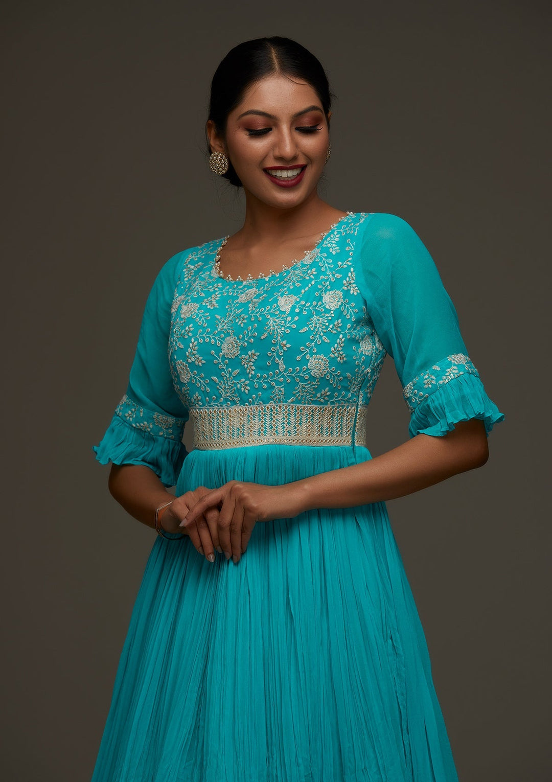 Sky Blue Threadwork Georgette Designer Anarkali Suit - Koskii