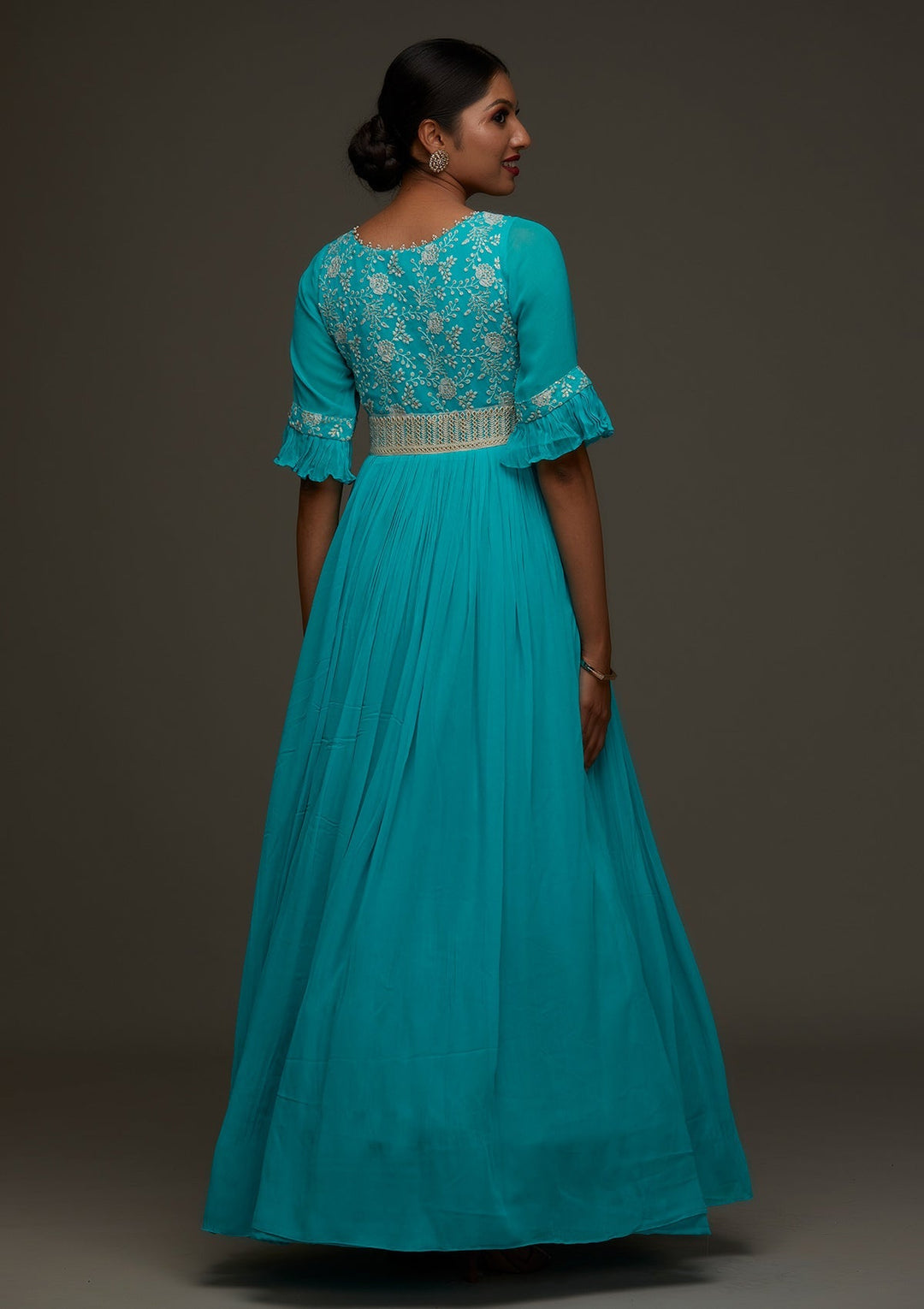 Sky Blue Threadwork Georgette Designer Anarkali Suit - Koskii