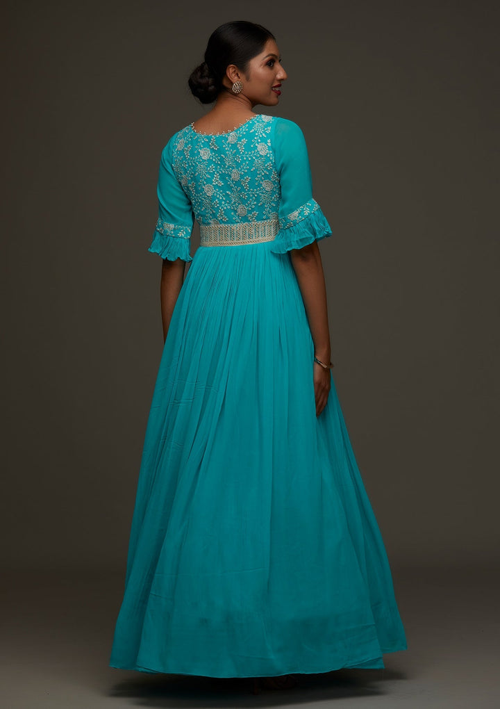 Sky Blue Threadwork Georgette Designer Anarkali Suit - Koskii